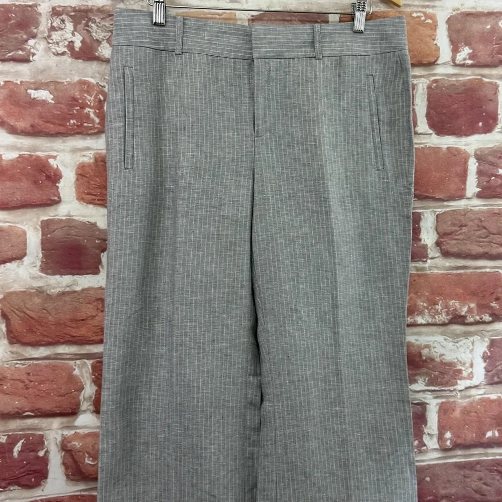 Banana Republic Martin Fit Pants Women's 12L Gray Striped 100% Linen Trousers